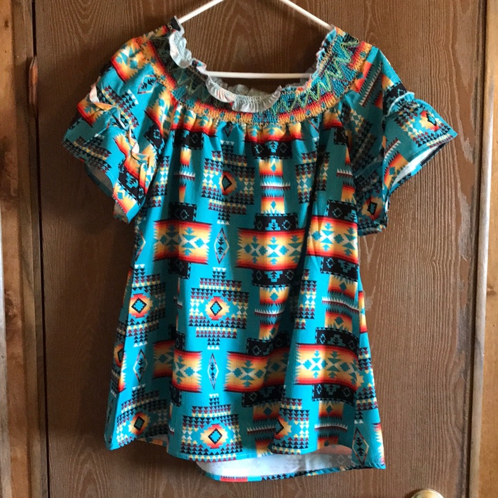 Turquoise Aztec Off Shoulder Top - Picture 2 of 3